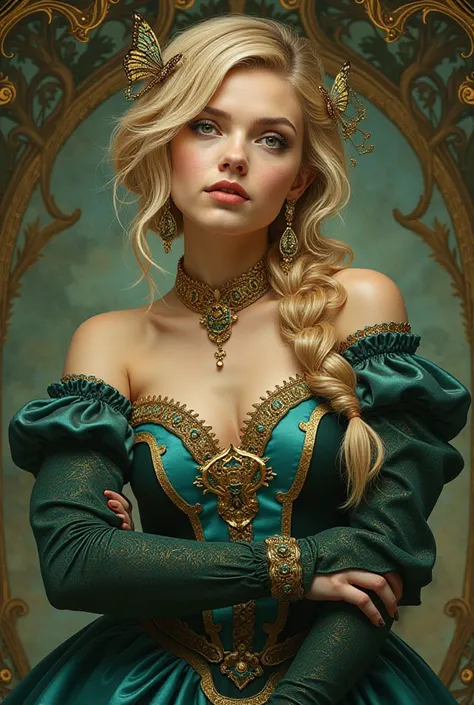 A portrait in the style of art nouveau of a strong, cocky, confident, arrogant, magical, 35 year old woman who is looking down on us and thinks she is better than us, her hair is blond and in a braid, green eyes, dark green and turquoise dress, gold access...