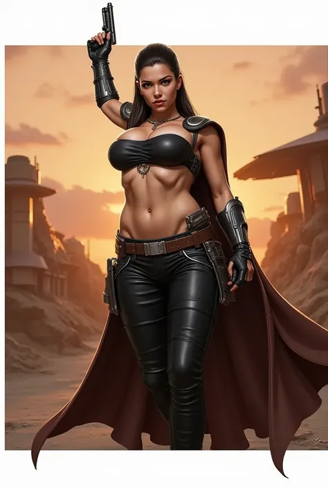 Univers Star wars.  Rebel warrior cara dune . South American type. Corps fort musclé vu de face. Determined attitude. round chest, domed and very bulky G cup.  Long and black hair with side parting . Large, black leather band completely covers the chest. b...