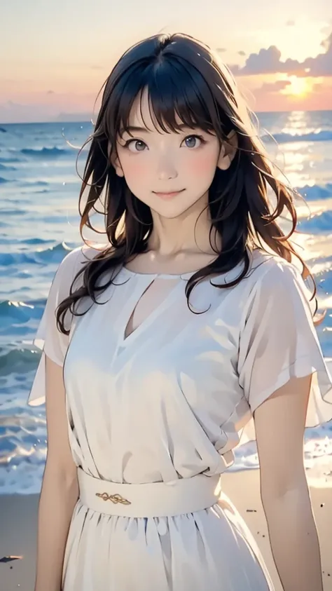 one girl, (12years old:1.4),(Very Young Face), (japan Person famous idol), face, cute face, ash gray hair:1.5, bob hair, short hair, camera's line of sight, small breasts, An ennui look, (dress:1.4) , particles of light, sea of ​​sunset, calm sea, white sa...