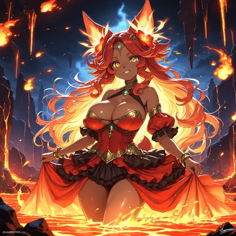 1girl, solo, dress, fire, breasts, jewelry, long_hair, hair_ornament, lava, looking_at_viewer, red_dress, dark_skin, glowing, bracelet, yellow_eyes, bare_shoulders, frilled_dress, cleavage, hair_flower, frills, (masterpiece, anthropomorphic fantasy anime s...