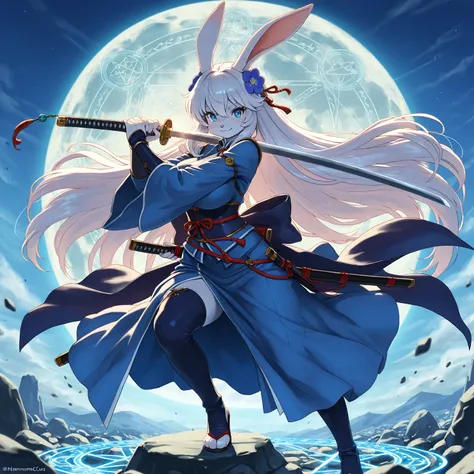 weapon, sword, rabbit_ears, animal_ears, long_hair, solo, katana, hair_ornament, magic_circle, flower, white_hair, 1girl, moon, sheath, blue_eyes, holding, hair_flower, very_long_hair, rock, (masterpiece, anthropomorphic fantasy anime style, creative art),...