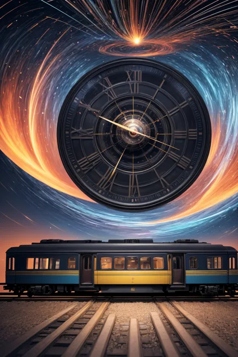 (best quality, masterpiece, photorealistic, elaborate details:1.2), an illustration showcasing a train emerging from a time portal, symbolizing the journey through time and space. The background is a swirling vortex of clock hands and numbers. Style: Digit...