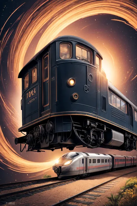 (best quality, masterpiece, photorealistic, elaborate details:1.2), an illustration showcasing a train emerging from a time portal, symbolizing the journey through time and space. The background is a swirling vortex of clock hands and numbers. Style: Digit...