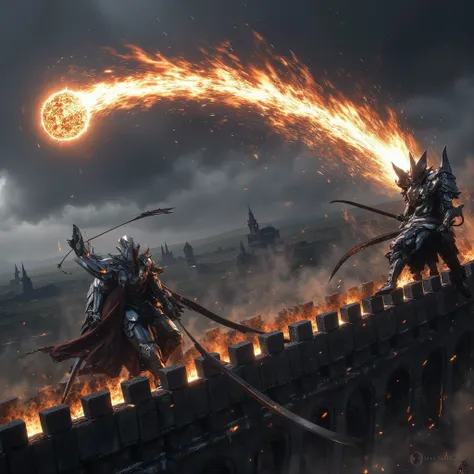 a knight fighting on a wall, When a fireball comes over it