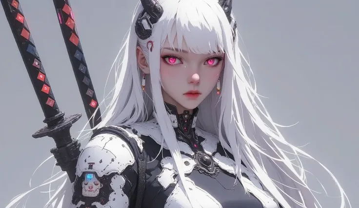 young ai woman with dark red glowing eyes and long flowing white hair, No bangs, very tall, with thick thighs, wide hips, long legs, and a slender waist. she is wearing a black and white outfit with a futuristic design. two large  katanas are tightly secur...