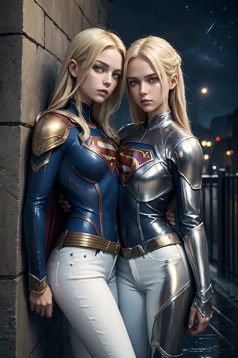 masterpiece.  highly detailed epic fantasy oil painting of beautiful twin sisters Supergirl. dark ambient. . detailed stylish suit,  white latex jeans for the summer.   , blonde hair. .. athletic. . night. leaning on wall. background rain and stars. twin s...