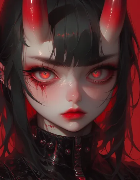 Portrait, close up, Bron above, Skinhead girl, Oni demon girl, very angry, ((total smokey eyes)), (skinhea:1.2), (crimson eyes), (black armor), (Oni horn:1.3), red liquid lips,  (best quality), highest quality, extremely detail,  16k, wallpaper, detailed a...