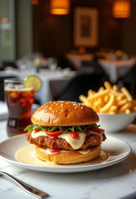 Cheeseburger chicken ,  mayonnaise and tomato sauce with french fries and a Coca-Cola in a luxury glass,  photograph in an elegant restaurant  