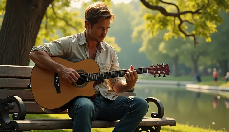 Brad Pete is sitting on a bench in the park playing guitar