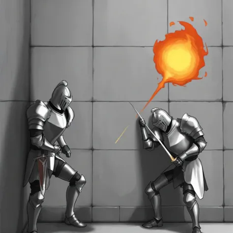 a knight fighting on a wall, When a fireball comes over it