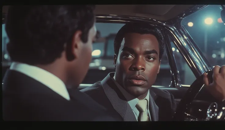  Jules Winnfield played by Sidney Poitier black. and Vincent Vega played by Marlon Brando, white and with long dark hair , wearing jacket and tie suits , Day image . He drives a Cadillac Jules car and next to ,  in the co-pilot's seat is Vincent Vega.  The...