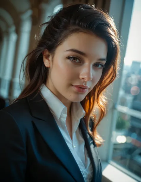 Photorealistic detailed portrait of a 21-year-old European-looking girl with black and brown hair, ultra-detailed brown eyes, athletic build, looks directly into the camera, full-face, natural facial expression, extremely detailed eyes and face, long eyela...