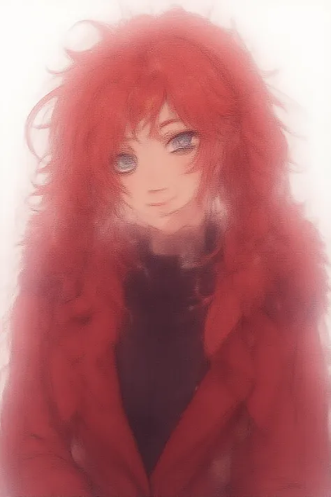 Girl with a neutral appearance ,   ,   , Long curly red hair, Hair turned to the right, Blue eyes,  calm expression ,  pure expression,  happy expression ,  A fluffy red coat over a black sweater,  Gundam's blade antenna on the forehead, The blade antenna ...