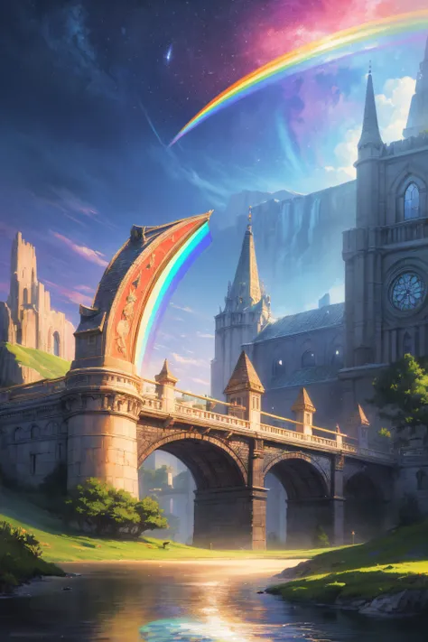 (best quality, masterpiece, photorealistic, elaborate details:1.2), Rainbow bridge leading to the horizon, a fantasy landscape with vibrant colors, a magical glow, and a dreamy atmosphere. This digital painting in the style of fantasy art has a high resolu...