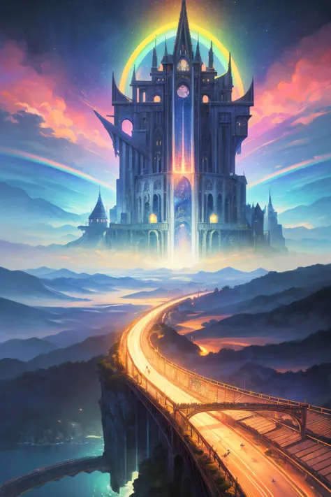 (best quality, masterpiece, photorealistic, elaborate details:1.2), Rainbow bridge leading to the horizon, a fantasy landscape with vibrant colors, a magical glow, and a dreamy atmosphere. This digital painting in the style of fantasy art has a high resolu...