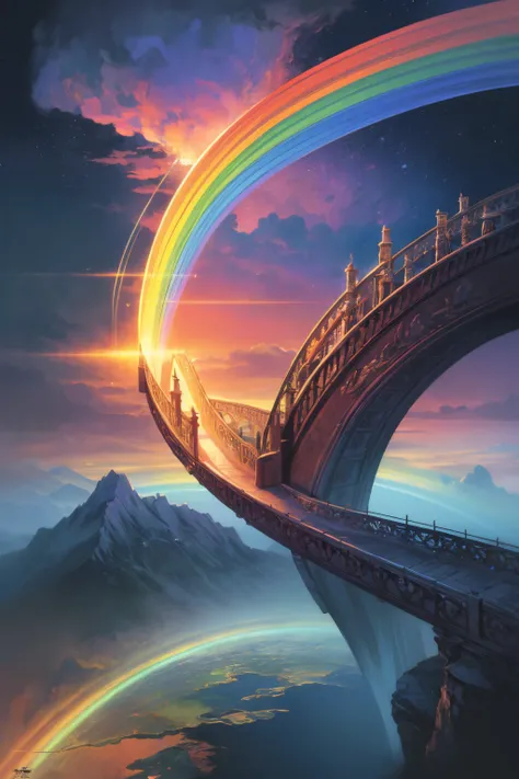 (best quality, masterpiece, photorealistic, elaborate details:1.2), Rainbow bridge leading to the horizon, a fantasy landscape with vibrant colors, a magical glow, and a dreamy atmosphere. This digital painting in the style of fantasy art has a high resolu...