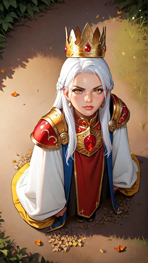 Create a woman of fire, very tall, with white hair, yellow eyes, very beautiful with a sculptural body, wearing golden armor, wearing a golden crown with red stones, fighting face to face against a giant warrior, on a battlefield. (full body image) (16k qu...