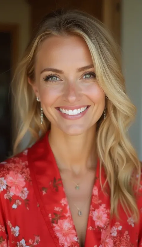 A close-up of a smiling blonde woman wearing a red floral robe, facing the camera in a cheerful and confident pose. The lighting is soft and natural, highlighting her radiant complexion and bright eyes. The camera angle captures her face and shoulders, mai...