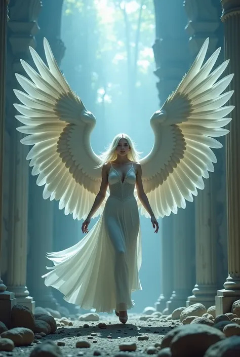  a mythical creature with 6 white wings, a vast library ,  A Ruined City ,   breasts, 8k,  cinematic lighting, dramatic angles, Fantasy,  digitally painted,  dramatic lighting , ethereal, otherworldly,  detailed facial features , Delicate, intricate, majes...