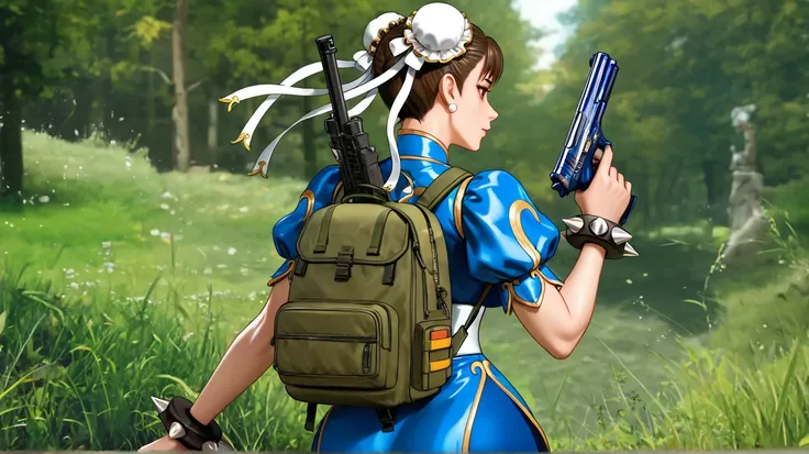 1 , Alone,  Chun-Li In a Battle Royale Call of Duty Mobile Game Running in a Beautiful Setting With Green Grasses and Trees,  Chun-Li with a gun in her hand and a backpack on her back , She wears blue clothing 