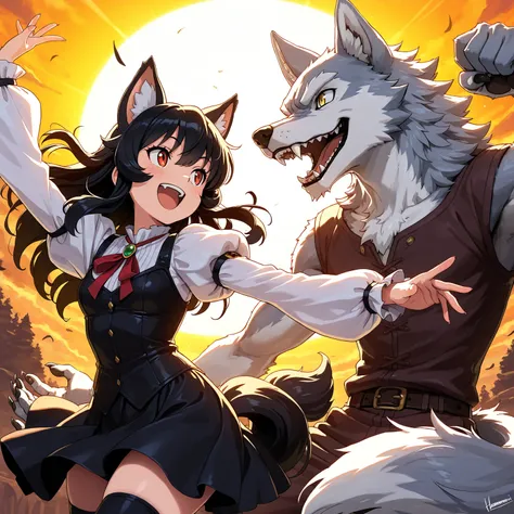 1girl, animal_ears, furry_male, furry, open_mouth, wolf_boy, thighhighs, wolf_ears, long_sleeves, werewolf, long_hair, puffy_sleeves, shirt, 1boy, juliet_sleeves, smile, tail, skirt, black_hair, animal, (masterpiece, anthropomorphic fantasy anime style, cr...