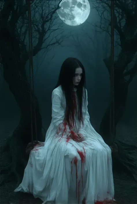 Gothic girl, beautiful face, long black hair, wearing a white gown drenched in blood, sitting on a swing, swing hangs from a tree in a twisted forest, full moon background, haunting art, dark surreal, high detail, masterpiece.