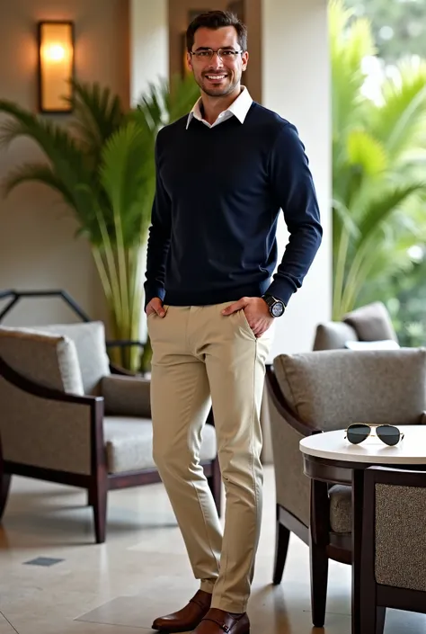 "A powerful businessman, posing standing resort lounge. He wears tailored beige chinos, a navy cashmere sweater, and brown leather loafers. His look is completed with an understated luxury watch and a pair of stylish aviator sunglasses resting on the table...