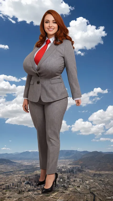 100 km tall giga giantic, curvy bbw woman with a beautiful smile, bigger than a giant city, curvaceous figure, massive beast, and long wavy bright ginger hair, with a curvaceous figure and massive breasts. wearing the finest light grey pinstripe trouser, w...