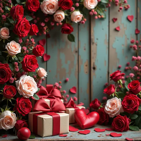 Valentine background with hearts and white and red roses and gifts in the left side and ample space in right. Banner, Header, Panorama, Background with rustic wood