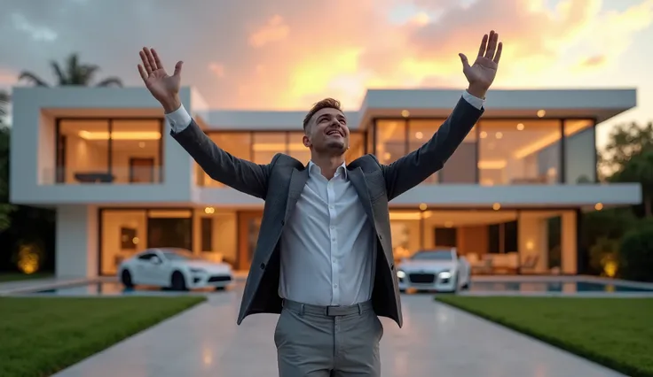 " Create a hyper-detailed image of a man standing in front of a luxurious and modern mansion ,  with hands raised to the sky in a gesture of gratitude and triumph .  The man is casually dressed , but elegantly ,  wearing a fitted blazer over an impeccable ...