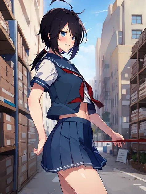 Portrait, official art, best masterpiece, best quality, best resolution, 8K, best detailed, perfect anatomy
BREAK
cowboy angle, Walking, Side view, loook up
BREAK
KakoKC, kakooutfitish, black hair, (blue eyes, messy hair,  spiky hair, long ponytail), delin...