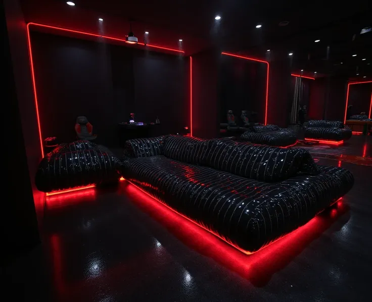 Full panoramic view of the body and scene from below, RAW amateur selfie photo, high resolution, huge inflated sofa made of shiny black rubber with fine vertical lines in red that contrast with the shiny black,esende, the texture of the sofa is very shiny ...