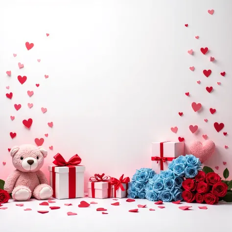 Valentine background with hearts and blue and red roses and gifts in the left side and ample space in right. Banner, Header, Panorama, white Background 