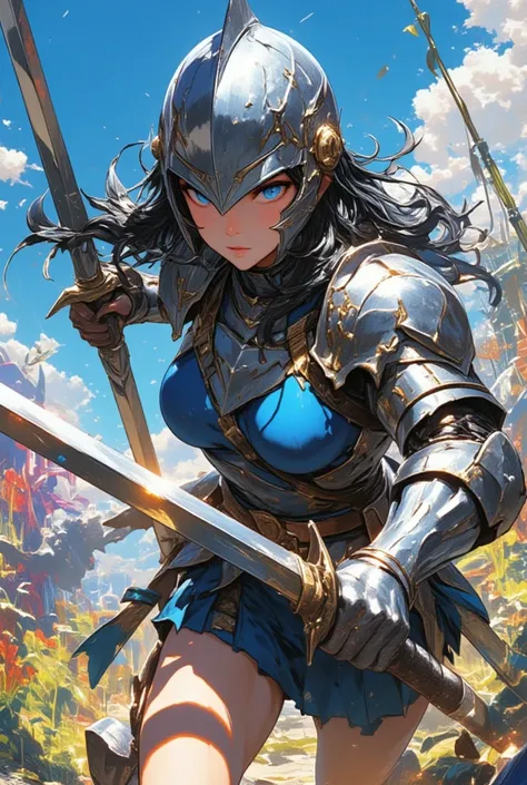  illustrate a close up of a Female warrior. She wears a steel knights helmet with a graceful design that covers her entire head, covers  her eyes and nose but leaves her mouth and jaw exposed, showing her delicate red lips. The helmet covers her eyes with ...