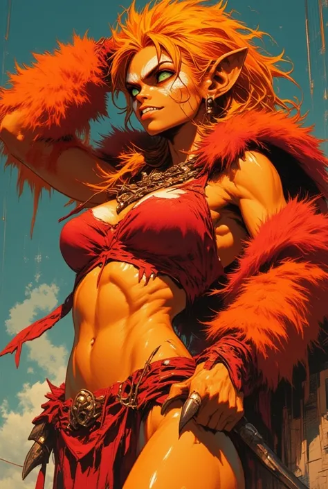 In a dramatic comic book style, richly detailed, illustrate a simian woman with vibrant orange skin covered in matching orange fur and fiery orange hair. She has short, pointed ears on the sides of her head and wears a torn red linen top along with a match...