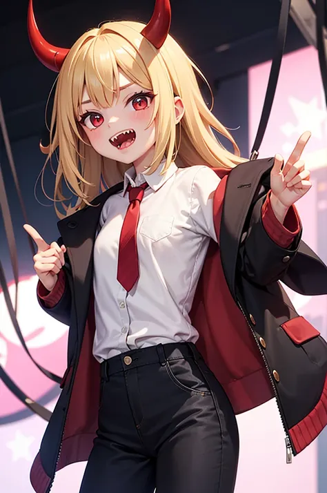  a young girl with blond hair that reaches the middle of her back, Besides,  have light red horns that protruded from the top of his head , red eyes and sharp teeth with defined fangs .  He wears a white shirt , the tie and pants ,  including the jacket th...