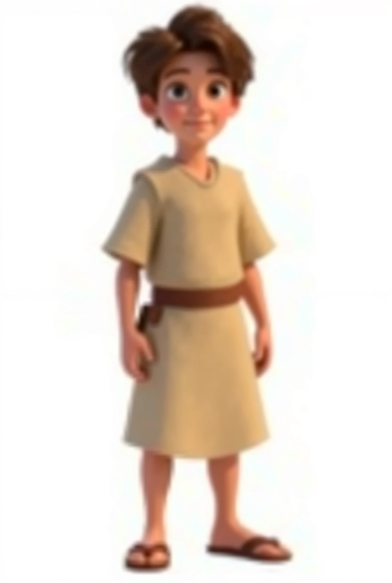  Create a full-body image of David , The young biblical shepherd , in 3D Disney style .  David must be represented with a solid white background .  He is a young man of approximately  ,  with short and disheveled brown hair .  Her eyes are large and expres...