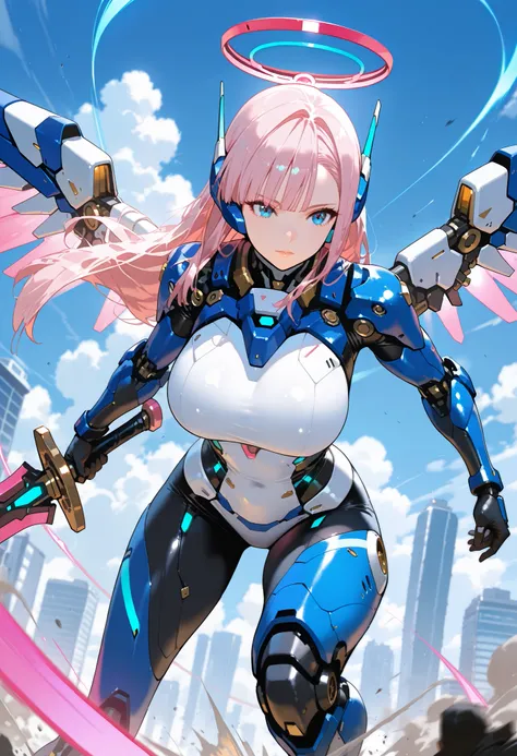 1girl ,shiny body ,,expressionless,eyelashes,mechanical mask,blue eyes,pink hair,hime cut,short straight hair,asymmetrical bangs,large breasts,mechanical breasts,mechanical wings,mechanical halo,mechanical body,mechanical arms,mechanical legs,super fine co...