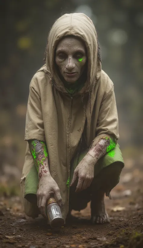 A sickened Martian citizen in mars, their skin pale with glowing green veins visible beneath, eyes sunken and filled with desperation, wearing a torn protective suit and clutching a small vial as they stumble through a quarantined area