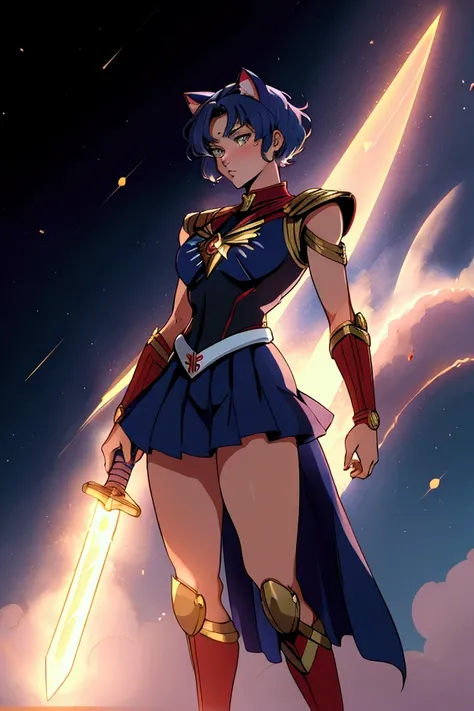 Usagi Tsukino/Sailor Moon dressed as Captain Marvel, cat ear,  body suit armor,  gauntlet,  full-body images,   blue armor, skirt,anime ,Sailor Moon skirt , use  armor  magic,   holding  two   sword,  blues  hair  , short hair 