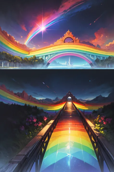 (best quality, masterpiece, photorealistic, elaborate details:1.2), Rainbow bridge leading to the horizon, a fantasy landscape with vibrant colors, a magical glow, and a dreamy atmosphere. This digital painting in the style of fantasy art has a high resolu...