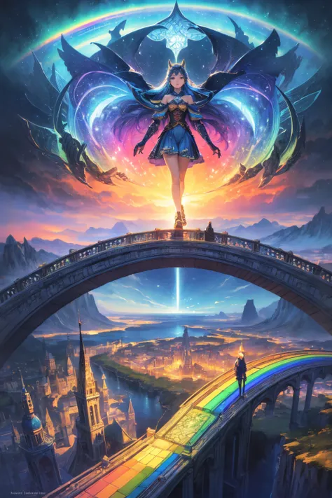 (best quality, masterpiece, photorealistic, elaborate details:1.2), Rainbow bridge leading to the horizon, a fantasy landscape with vibrant colors, a magical glow, and a dreamy atmosphere. This digital painting in the style of fantasy art has a high resolu...