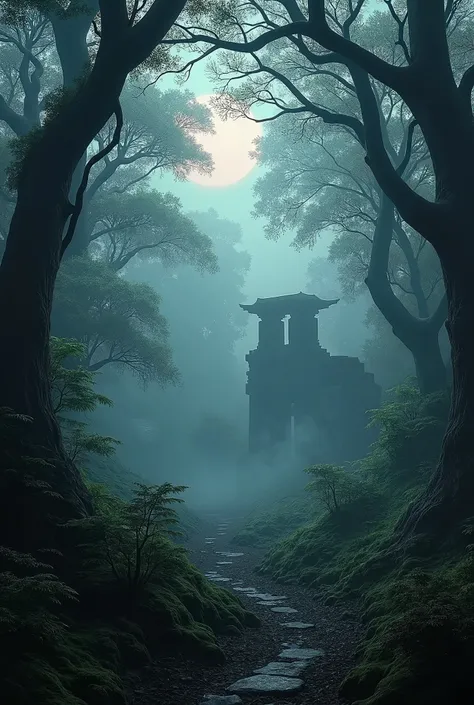 "A spooky and eerie forest in ancient Japan, representing the time of the Yamatai Kingdom. The forest is dense, with tall, twisted trees and thick underbrush, casting long, dark shadows. A faint mist creeps through the air, obscuring the surroundings and c...