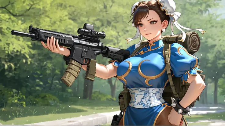 1 , Alone,  Chun-Li In a Call of Duty Mobile Battle Royale Game Running in a Beautiful Setting With Green Grasses and Trees, Chun-Li With a Gun in Her Hand and a Backpack Around Her Back , She is wearing blue clothesHigh resolution,  masterpiece,  best qua...