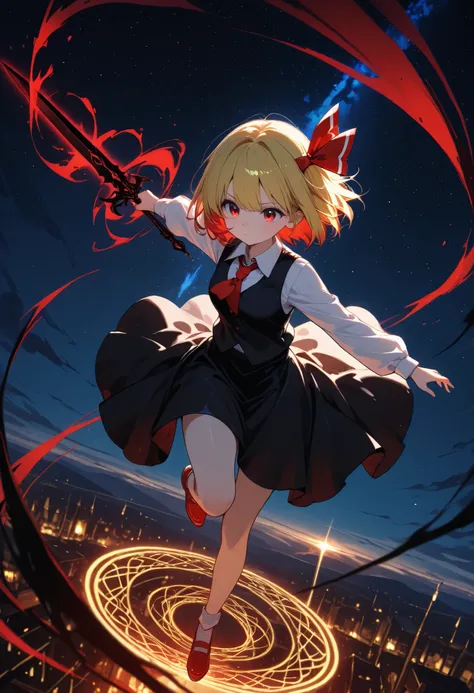 anime, 1girl, solo, fantasy, Rumia, gold hair, blonde hair, bob cut hair , hair bow, red hair bow, red eyes, small breasts, collared shirt, white shirt, red tie, bow tie, black vest, layerd skirt, black skirt, night, dark , flying, in sky, fight, dark swor...