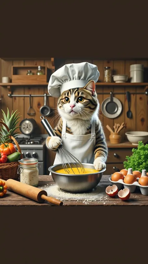 Cats cook food in the guise of a cook like a human