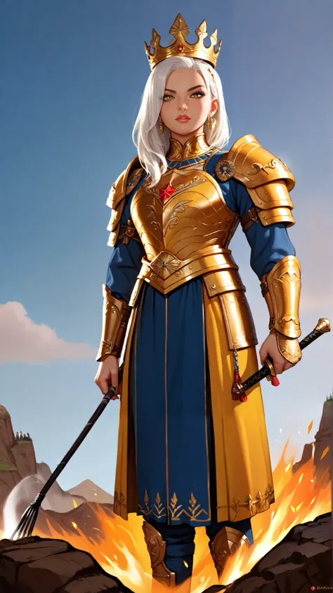 Create a woman of fire, very tall, with white hair, yellow eyes, very beautiful with a sculptural body, wearing golden armor, wearing a golden crown with red stones, fighting face to face against a giant warrior, on a battlefield.Whip Pan (Panorâmica Rápid...