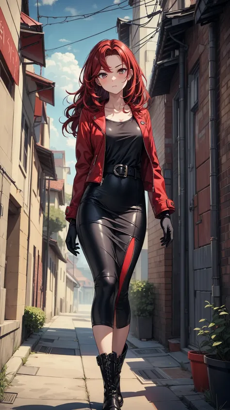 ((masterpiece, best quality:1.3, high detail)), beautiful woman, looking at viewer, long wavy hair, (dark red hair), (red jacket), (long black pencil (skirt)), (long skirt:1.1), collarbone, outdoors, (cloudy sky), (upper body), alleyway, boots, black glove...