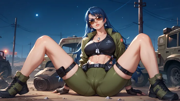 Sexy leona heidern,  long hair,  dark blue hair ,  triangle earrings, condog tags,  on a wasteland,  at night,  wearing a very tight tactical suit ,  sunglasses,  legs spread,  lifting their shirts, pechos desnudos,