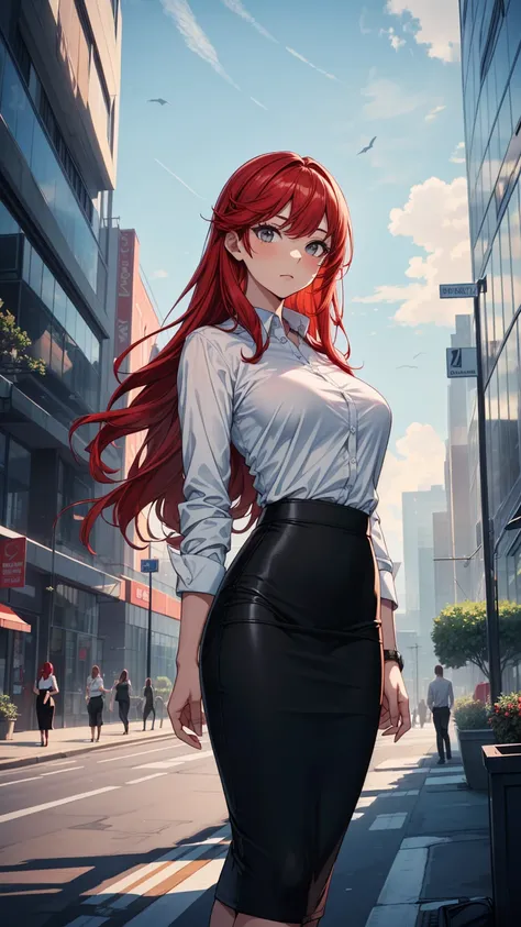 ((masterpiece, best quality:1.3, high detail)), beautiful business woman, office lady, looking at viewer, long hair, (red hair), (white collar shirt, (long black pencil (skirt)), (long skirt:1.1), office skirt, outdoors, (cloudy sky), (lower body), city, o...